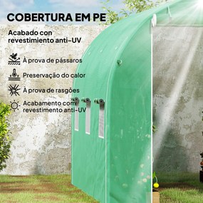 Estufa Tipo Túnel 296x196x200 cm Estufa de Jardim com 3 Portas e 6 Janelas Enroláveis Teto Curvo para Cultivo Verde