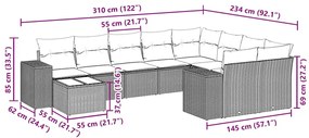 10 pcs conjunto sofás de jardim c/ almofadões vime PE preto