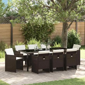 vidaXL Conjunto de Jantar de Jardim com Almofadas 9 Peças Rattan Poli Castanho