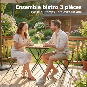 Conjunto de jardim estilo bistrô de 3 peças, 2 cadeiras dobráveis, mesa quadrada em madeira de acácia, 55 x 55 x 71 cm, natural