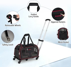 Transportadora para Animais de Estimação com Rodas, 47 x 31,5 x 37 cm, Pega Telescópica Ajustável, Vermelho