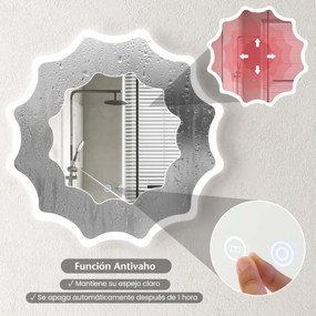 Espelho de casa de banho LED 60 x 60 cm Espelho de casa de banho sensível ao toque com botão de toque 60 x 60 cm com rebordo ondulado 3 luzes colorida