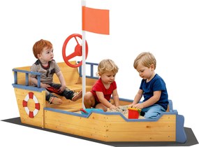 Outsunny Caixa de Areia Infantil de Madeira Desenho de Galeão com Assento 2 Degraus Bandeira Vermelha 158x78x45,5cm Natural | Aosom Portugal