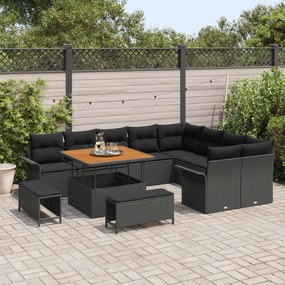 Conjunto de Sofá de Jardim de 12 Peças com Almofadas Preto Vime Sintét