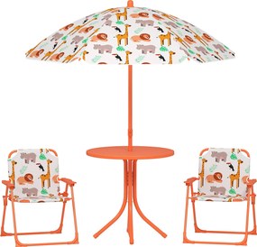AIYAPLAY Conjunto de Jardim Infantil com Tema da Selva com 2 Cadeiras Dobráveis, Guarda-sol e Mesinha Redonda, Laranja | Aosom Portugal