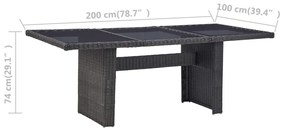 Mesa de jantar jardim 200x100x74 cm vidro e vime PE preto