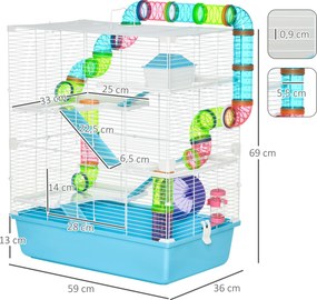 Gaiola para Hamster Grande 59x36x69 cm 4 Plataformas Tubos Comedouro Bebedouro 4 Rampas Roda de Exercícios e 2 Alças Multicolorido