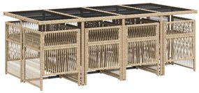 9 pcs conjunto de jantar p/ jardim com almofadões vime PE bege