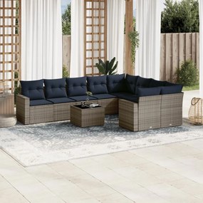 10 pcs conjunto sofás p/ jardim c/ almofadões vime PE cinzento