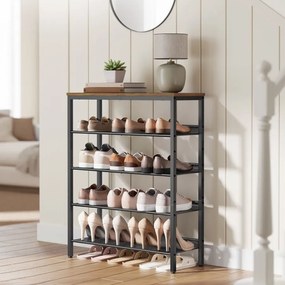 Sapateira com 5 níveis e prateleiras de grelha ajustáveis 30 x 75 x 93 cm Castanho + Preto