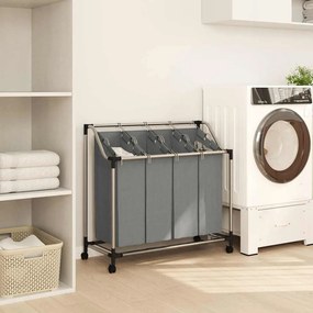 Cesto para roupa suja com rodas 4 compartimentos cinzento
