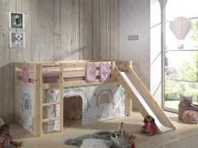 Conjunto Cama alta de Criança PINO 90 x 200 cm + estrado + escada + escorrega + cortina + bolsas de arrumação Pássaros Natural