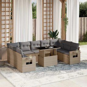 10 pcs conjunto de sofás p/ jardim com almofadões vime PE bege