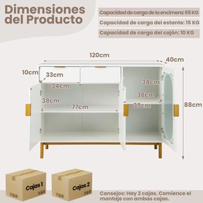 Aparador Alcobaça com 2 Gavetas e Portas – 120x40x88 cm – Branco – Des