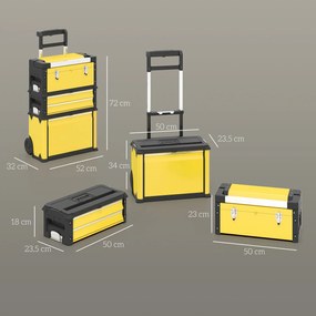 Caixa de Ferramentas Empilhável 3 em 1 Caixa de Ferramentas com Rodas Carro de Ferramentas de Aço  52x32x72 cm Amarelo e Preto