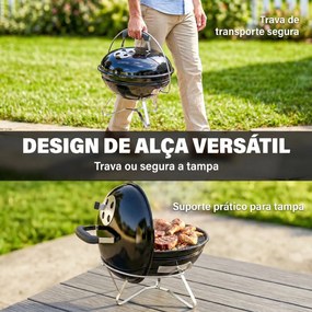 Grelhador de Carvão Portátil com Tampa Suporte Grelha Ventilação Ajustável Ø41x44 cm Preto
