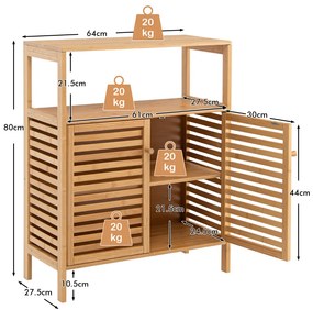 Armário de casa de banho em bambu com Estante Aberta Amovível Porta Dupla 64 x 27,5 x 80 cm Natural