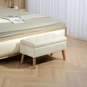 Banco com arrumação, baú de arrumação em tecido com efeito veludo 80 x 35 x 42 cm, pés em madeira creme