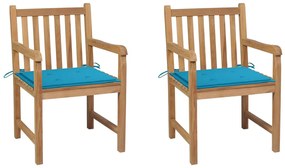 vidaXL Cadeiras de jardim c/ almofadões azuis 2 pcs teca maciça