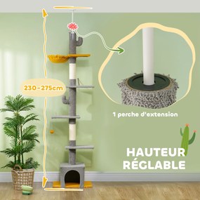 Arranhador para gatos, altura 275 cm, 6 níveis para gatos de interior, do chão ao teto, com plataformas e compartimentos abertos, cinzento claro