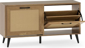 Sapateira de rattan 100 x 30 x 53 cm com 2 gavetas basculantes, superfície ampla, prateleiras ajustáveis e pés de metal para um toque natural