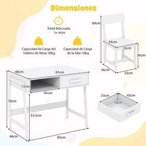Conjunto de secretária e cadeira para crianças com gaveta e estante Branco