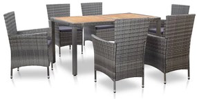 vidaXL 7 pcs conjunto jantar exterior com almofadões vime PE cinzento