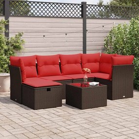 7 pcs conjunto de sofás jardim c/ almofadões vime PE castanho