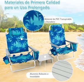 Conjunto de 2 cadeiras reclináveis de exterior com estrutura de alumínio e mesa de jardim, piscina campismo, praia dobraveis Azul