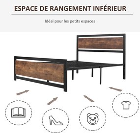 Estrutura de cama de casal em aço com base de cama e cabeceira, compatível com colchões de 190 x 140 cm (NÃO INCLUÍDO), com acabamento em madeira escu