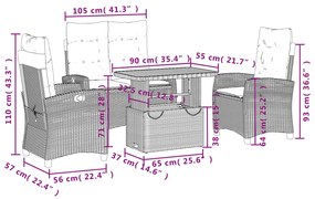 4 pcs conjunto de jantar p/ jardim c/ almofadões vime PE bege