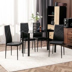 Conjunto de mesa de jantar com 4 cadeiras, tampo em vidro temperado e pés em aço, para cozinha ou sala de estar, na cor preta