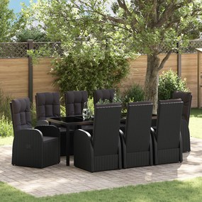 vidaXL Conjunto de 9 Peças de Jantar para Jardim com Almofadas - Rattan PE Preto