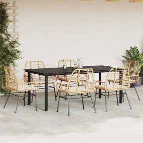 Conjunto jantar jardim 7 peças almofadas vidro vime PE castanho