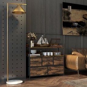 Cómoda, móvel de arrumação, com 5 gavetas em tecido dobráveis e removíveis e prateleiras, 98 x 29 x 85 cm, castanho rústico