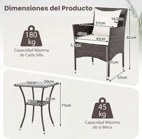 Conjunto de jardim de 3 peças: cadeiras de vime castanho misto com mesa de vidro temperado de dupla camada Castanho com almofadas brancas