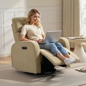 Poltrona Relax Reclinável Elétrica com Duplo Motor Giratória e Baloiço com Encosto de Cabeça Ajustável Portos USB e USB-C Bege
