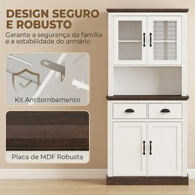 Armário de Cozinha Alto com Portas de Vidro 2 Gavetas Prateleiras Ajustáveis e Nicho Aberto 80x38x170 cm Branco