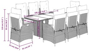 9 pcs conjunto de jantar p/ jardim c/ almofadões vime PE cinza