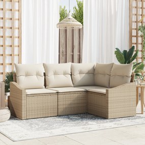 vidaXL Conjunto de Sofá de Jardim com 4 Peças com Almofadas Bege Rattan Poliéster