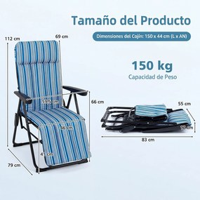Espreguiçadeira de Jardim Dobrável, 59,5 x 79 x 112 cm, Encosto de 6 Posições, Azul + Branco