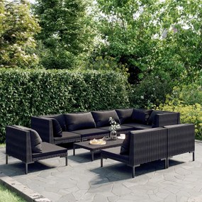 vidaXL 9 pcs conj. lounge jardim c/ almofadões vime PE cinzento-escuro