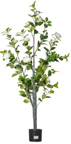 HOMCOM Camélia Artificial Planta Sintética de 150cm com Vaso de Cimento Folhas Realistas e Flores de Tecido Decoração  Verde | Aosom Portugal