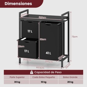 Cesto para roupa suja 66,5 cm x 33 cm x 72 cm com prateleira e 3 sacos removíveis para casa de banho e quarto Preto