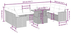 11 pcs conjunto sofás de jardim c/ almofadões vime PE cinzento