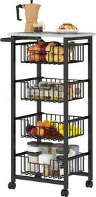 Carro de serviço de cozinha de 4 prateleiras com rodas, bancada e estrutura em aço, 49,5 x 31 x 91 cm, cinzento claro