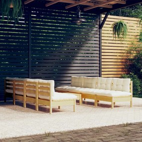 vidaXL 9 pcs conjunto lounge jardim c/ almofadões creme pinho maciço