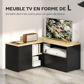 Móvel de TV de canto com banco para televisores até 40 polegadas, com 2 armários e 3 compartimentos abertos, 90 x 90 x 45 cm, em carvalho e preto
