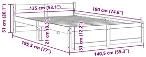 Estrutura de cama casal 135x190 cm madeira maciça cinzento