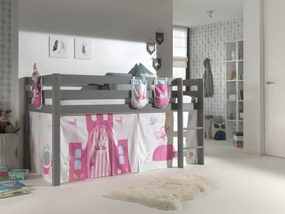 Conjunto Cama alta de Criança PINO 90 x 200 cm + estrado + escada + cortina + 3 Bolsas Princesa Cinzenta